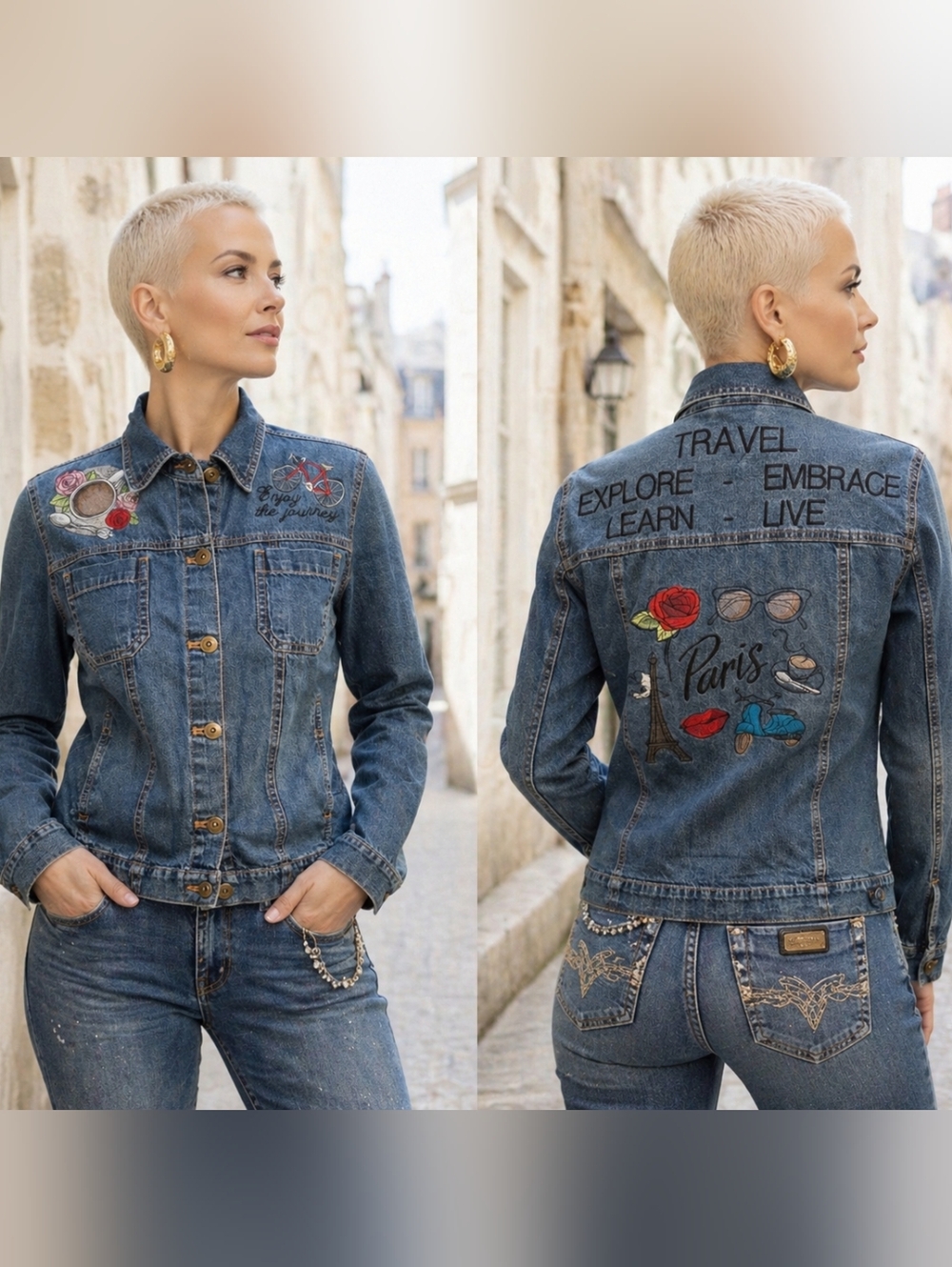 Erika💙"ENJOY THE JOURNEY-TRAVEL" Denim Jacket, Embroidered Paris Motifs Sz 8/M
